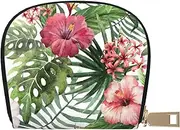 [JEJEA] Tropical Leaves Print Credit Card Holder Wallet, Small Card Holder Wallet with Zipper,Leather Card Holder, White, One Size