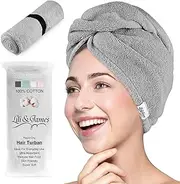 Lili&James Cotton Hair Towel Wrap for Women/Kids | Quick Dry, Soft & Absorbent Hair Wrap Towels with Double Button (Pack of 1, Grey.)