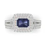 1.7ct Emerald Round Cut Halo Blue Sapphire Ring bridal Set 14k Solid Gold