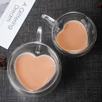 在飛比找ETMall東森購物網優惠-創意心形玻璃咖啡杯家用雙層隔熱果汁杯高硼硅水杯牛奶杯帶把茶杯
