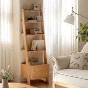 Ladder Bookcase/ FAS-graded Solid American Oak Double-Drawer Bookshelf/Storage Rack