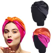 2pcs Stain Silk Hair Wrap Elastic Turban Bonnet Hat Night Sleep Cap for Women-Black and Rose Red