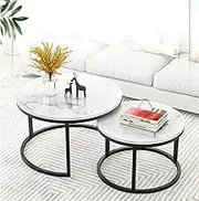 Round Coffee Table Table Set, Stacking Side Table Set of 2, Nesting Coffee Table , with metal frame, retractable without occupying space, suitable for living room, bedroom(Gold Shelf+Black+White-Small