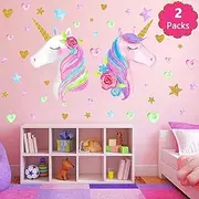 Large Size Unicorn Wall Decor Decal-2 Pack Removable Unicorn Wall Stickers with Hearts and Stars for Girls Kids Bedroom Baby Nursery Room Birthday Party(Style 1)