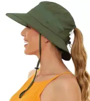 Sun Bucket Beach Hats for Women with Ponytail Hole,Sun One Size Army Green