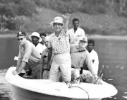 Elwood K. Harry With Anglers On Small Boat In Pinas Bay 1960 Old Fishing Photo