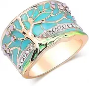 [tqyzkh] Lucky Flower Tree Rings Gold Pink Opal Green Enamel Wide Ring for Woman Party Crystal Vintage Jewelry