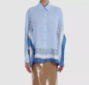 $1138 Burberry Women's Blue Silk Collared Long Sleeve Button-Up Top Size US 4