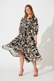 Martina Midi Shirt Dress 3/4 Sleeve in Black with Beige Leaf Print S