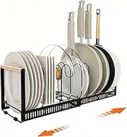 9SHOME Expandable Pot Pan Organiser Rack with Handle For Cabinet, Pot Lid Organizer Pan Holder Rack, Cookware Rack for Kitchen Cupboard Pantry, Stainless steel