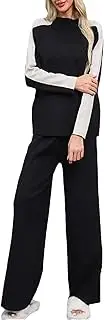 [Generic] Women's Half Turtleneck Sweater Set Solid Color Wide Leg Pants Fashion Knit Two Piece Set