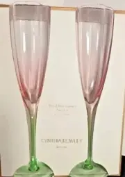 Set of 10 Cynthia Rowley New York Floral Flute Glasses 8.2 oz Pink Green Flower