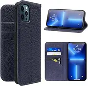LANJLM iPhone 13 Pro Max Case Genuine Leather Wallet Case Card Holder Shockproof Flip Cover - Royal Blue