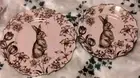 222 Fifth 8 pc TOILE BUNNY HILL DINNER & SALAD PLATES PINK GOLD Porcelain NEW