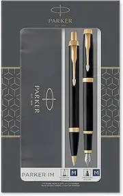 Parker IM Duo Gift Set with Ballpoint Pen & Fountain Pen | Gloss Black with Gold Trim | Blue Ink Refill & Cartridge | Gift Box