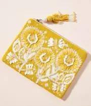 ANTHROPOLOGIE Marcella blooming print embellished Beaded sunflower pouch NWT