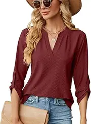 [MAIABLEAU] Womens 3/4 Sleeve T Shirts Loose V Neck Tees Roll Up Button Sleeve Work Blouses Tunic Tops