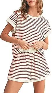 [Cioatin] Women 2 Piece Matching Lounge Sets Striped Short Sleeve Tee Shirt and Shorts Knit Pajama Set Tracksuit Summer