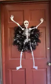 3 ft Halloween Posable Skeleton Skull Black White Mesh Ribbon Wreath Handmade