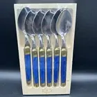 Jean Dubost Laguiole 6 Dinner Spoon Set France Bee Blue Gold Wooden Box Rare Vtg