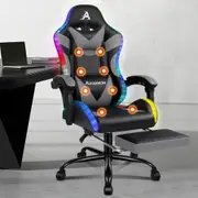 ALFORDSON Gaming Chair Office Massage 12 RGB LED PU Leather Black & Grey