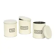 3pc Round Metal Tea Coffee Sugar Storage Set Cream Kitchen Canisters Jars Pots