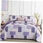 Patchwork Quilt Set Size 3 Pieces Plaid Floral Bedspread Coverlet King Purple