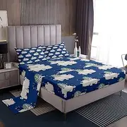 [jejeloiu] Cute Hippo Sheet Set Full Size Animal Themed Sheets with Deep Pocket Fitted Sheet for Kids Teens Adults Hippopotamus Bed Sheets Set Blue Bedding Set Room Decorations 4Pcs with 2 Pillow Cases