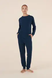 Ladies Gingerlilly Navy Waffle Long Pyjama Set Loungewear PJS (Lainey)