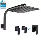 Matt Black 300mm Thin Square Rain Shower Head Gooseneck Wall Arm Mixer Taps WELS