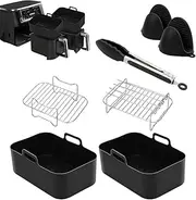 7 PCS Air Fryer Accessories for Ninja Dual AF400UK & Tower T17088 & AF300UK - 21.5cm Reusable Baskets, Rack, Silicone Liners, Gloves & Tong