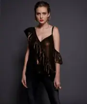 ONE TEASPOON ~ NWT! Small ~ Metallic Bronze ASHLEY Ruffle 1 Shoulder Blouse a84