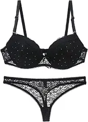 [Generic] Women's Lace Push Up Bra Set, Sexy Lace Bra and Briefs with Rhinestone Decoration for Women