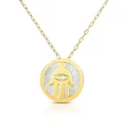14K Yellow Gold Mother Of Pearl Hamsa Pendant Necklace, 16"