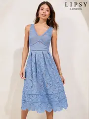 Lipsy Blue Premium Lace V-Neck Prom Midi Dress (AT9151) | $351