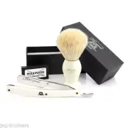 White Badger Hair Brush, Straight Cut Throat Razor (WHITE) Shaving Set 4 Him