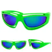 Motorcycle Biker Wrap Around Sporty Hardcore SUN GLASSES Green Frame Blue Lens