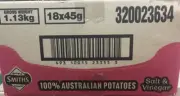 BULK BOX SMITHS SALT & VINEGAR POTATO CHIPS CRISPS 18x 45g BAGS NEW AUS MADE
