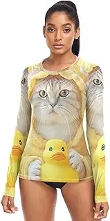 [RPLIFE] Funny Cat and Duck Print Long Sleeve Swim Shirt for Women SPF, Funny Cat Cartoon Duck, S
