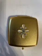 Retro Art Deco Gold W/ Opal Crystal Fiore Mirror Compact w/ Push Button Closure