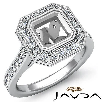Halo Pave Asscher Shape Semi Mount Diamond Engagement Ring Platinum 950 0.5Ctw