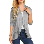 Nevenka Women's Open Front Cardigan 3/4 Sleeve Draped Ruffles Soft Knit Sweaters-Light Gray-8012