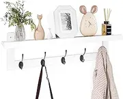 SMIBUY Coat Hooks with Shelf Wall Mounted, 74 cm Entrance Wardrobe for Wall, Bamboo Hanging Shelf with 5 Double Metal Hooks for Bathroom, Bedroom, Kitchen, Living Room (White+Black)