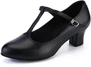 [HOBTEC] Character Shoes Women T-Strap Closed Toe Latin Salsa Tango Dance Practice Shoe Student Footlight Dance Shoes