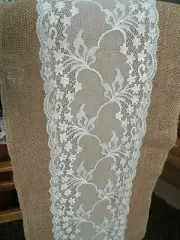 Cottage Chic Vintage Barn~Table Tablecloth Runner 68"x11" Burlap & Lace UNUSED