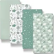 The Peanutshell Fitted Bassinet Sheets Set, Universal Fit for Oval, Rectangle, Hourglass Mattresses, Green Safari Animals