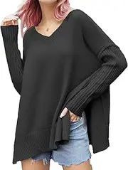 [Qolkmuiy-GJ] Women's V Neck Oversized Sweaters Side Slit Solid Color Ribbed Knit Jumper Tops Plus Size Casual Knitted Pullovers