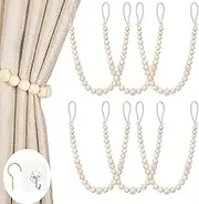 Wood Bead Curtain Tiebacks, KLOGTSIND Set of 6 Curtain Holdbacks for Thin or Thick Window Draperies, Boho Farmhouse Curtain Tiebacks with Hooks, Curtain Tie Backs for Home Office Room Decor
