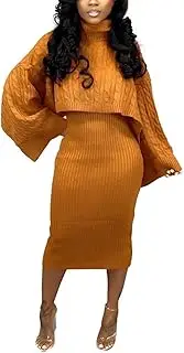 [NRTHYE] Women's Rib Knit 2 Piece Outifts Long Sleeve Turtleneck Sweaters and Tank Midi Dresses