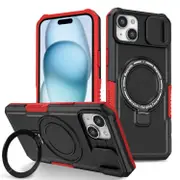 For iPhone 15 Case, MagSafe Compatible, Cam Shield, Stand Cover, Black Red